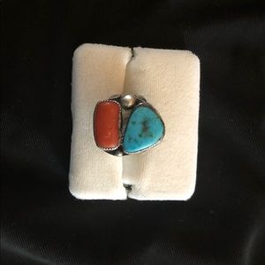 Chunky silver,  turquoise and coral ring